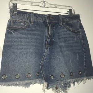 Denim Skirt with Frayed Edges and Grommet Detail